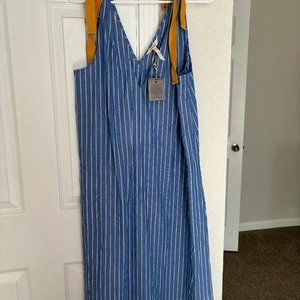 Matilda Jane Women's S Chambray Blue Striped Gold Tie Shoulder Sundress Dress